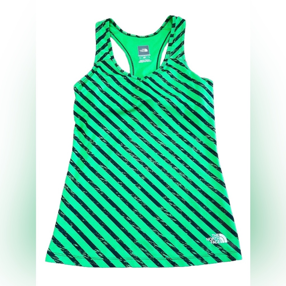 The North Face Womens Racerback Tank Top Green Black Striped Shelf Bra SMALL